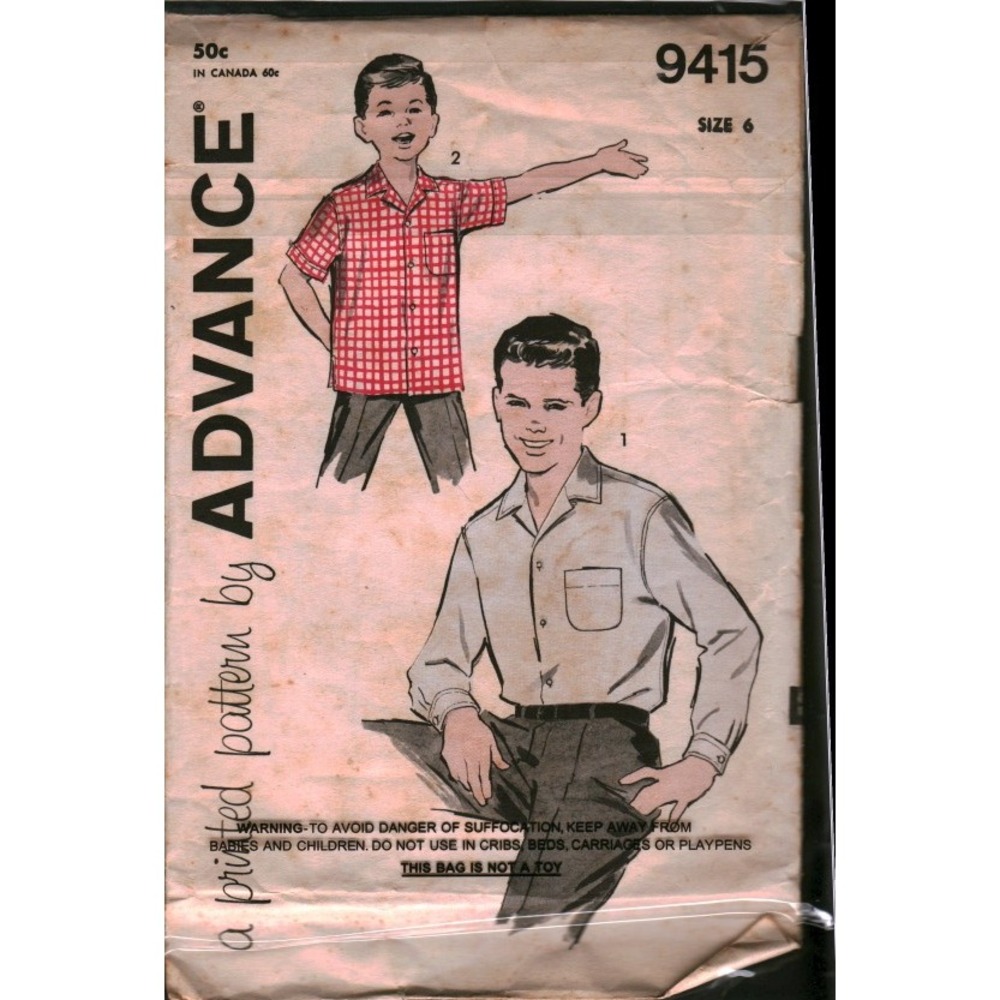 Vintage Advance 9415 Boys Shirt Sewing Pattern Sz 6 Long Short‎ Sleeve MCM 1950s